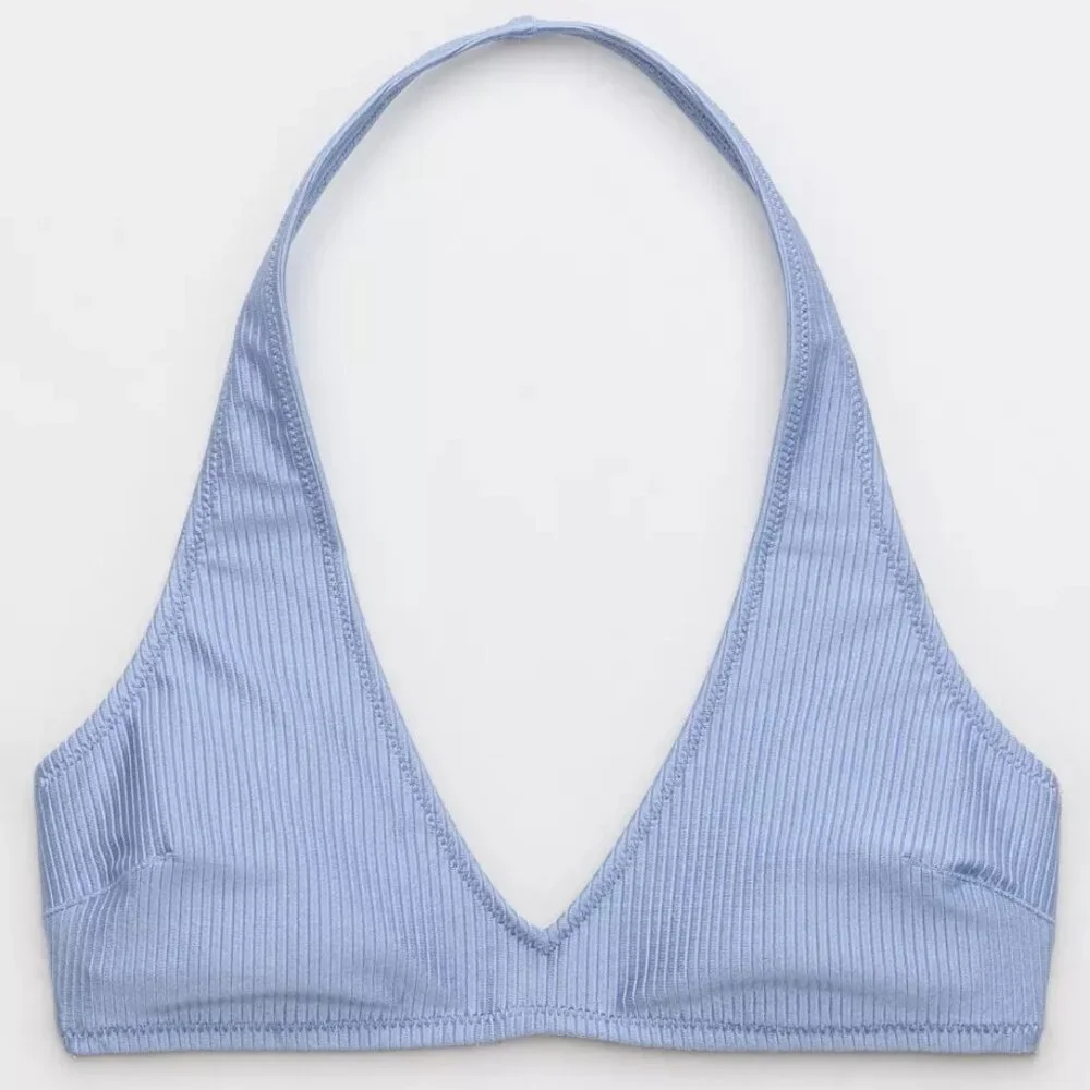 Aerie NWT Shine Rib Halter Bikini Top in Monaco Blue size Medium